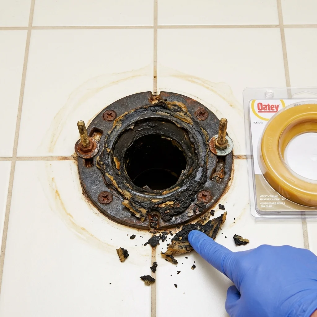 Failed wax ring showing water seepage at the base of a toilet in a Buffalo, MN home
