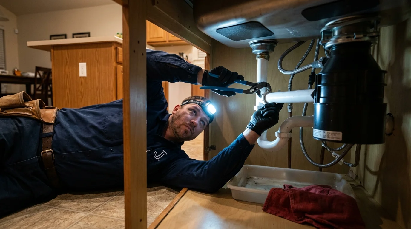 P-trap and supply line connections under a kitchen sink showing a common leak point in Buffalo, MN